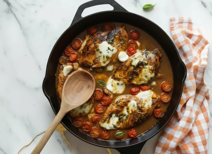 Juicy balsamic chicken breasts with rich glaze served on white plate with fresh herbs