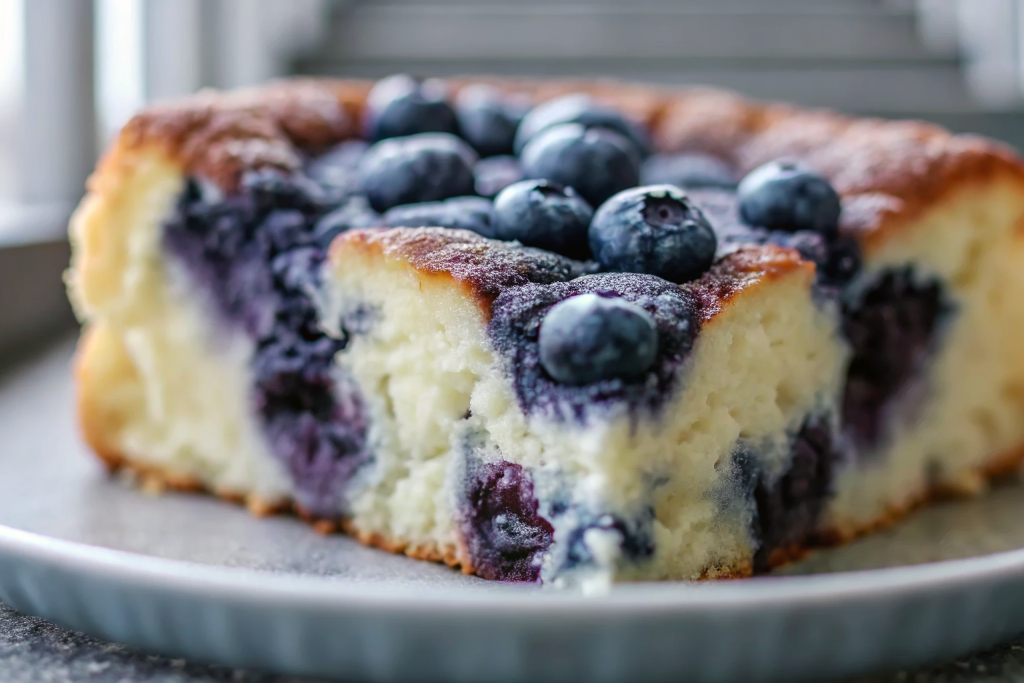 Blueberry Cottage Cheese Breakfast Bake with golden edges and fresh blueberries baked in a white ceramic dish