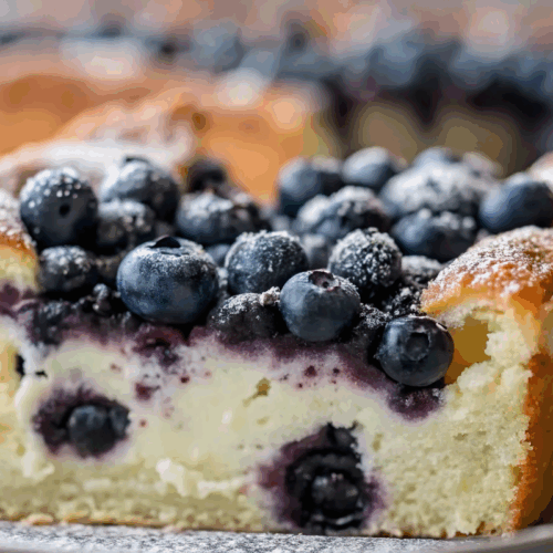 Blueberry Cottage Cheese Breakfast Bake with golden edges and fresh blueberries baked in a white ceramic dish