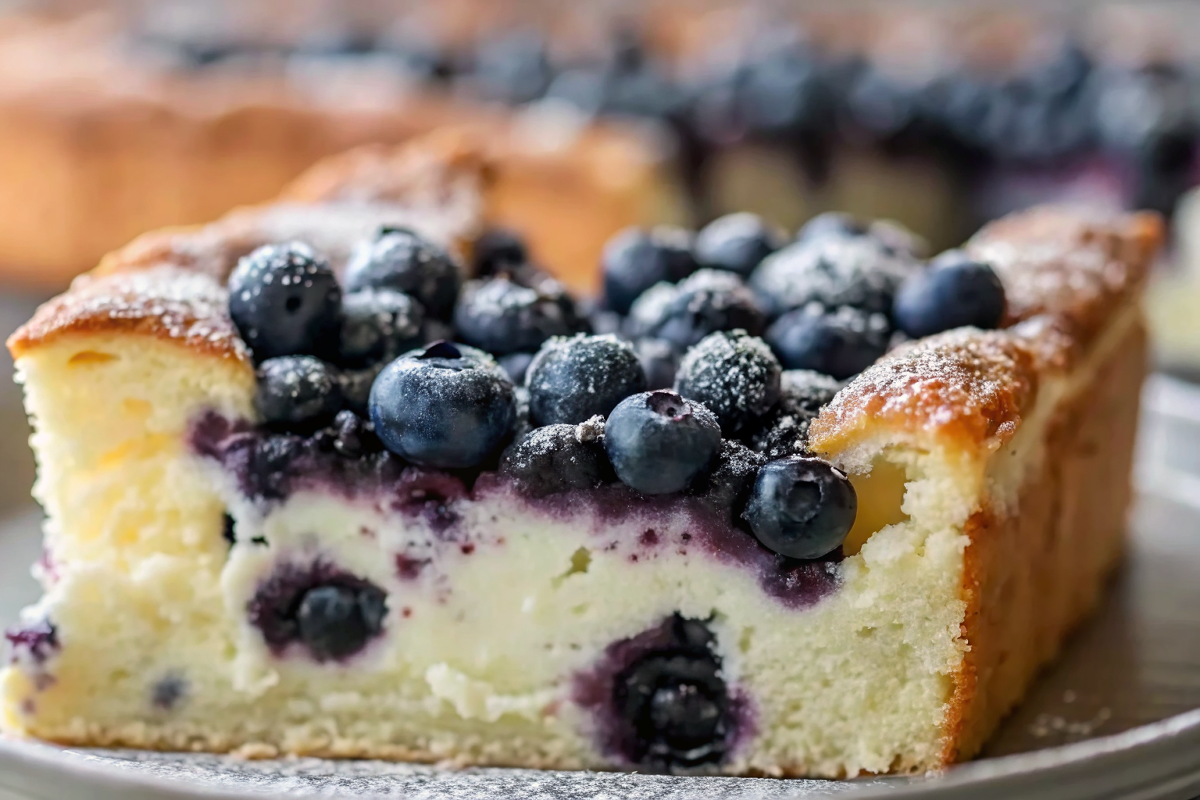 Blueberry Cottage Cheese Breakfast Bake with golden edges and fresh blueberries baked in a white ceramic dish