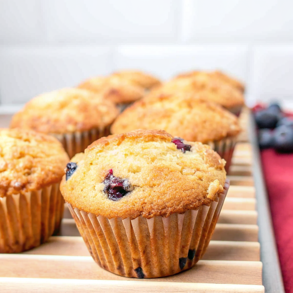 Golden Healthier Blueberry Greek Yogurt Muffins topped with fresh blueberries cooling on a wire rack