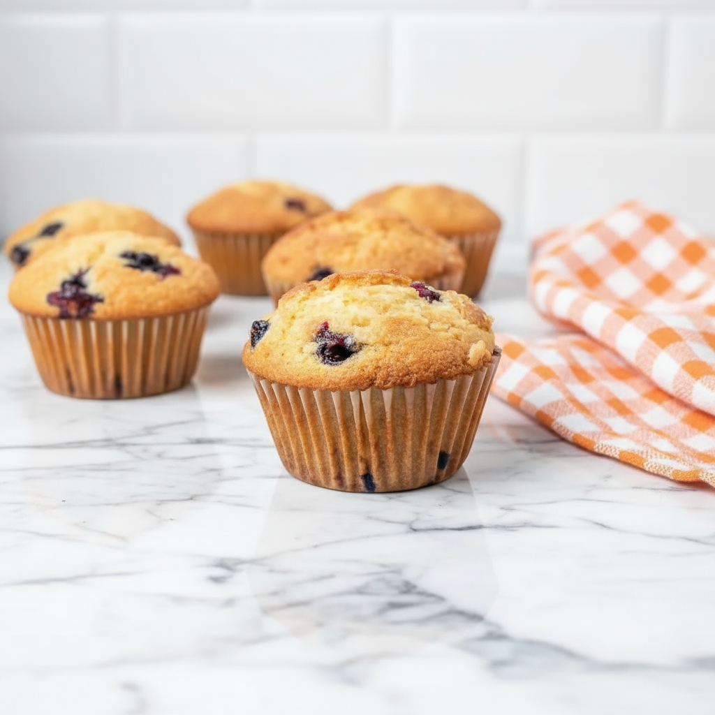 Golden Healthier Blueberry Greek Yogurt Muffins topped with fresh blueberries cooling on a wire rack