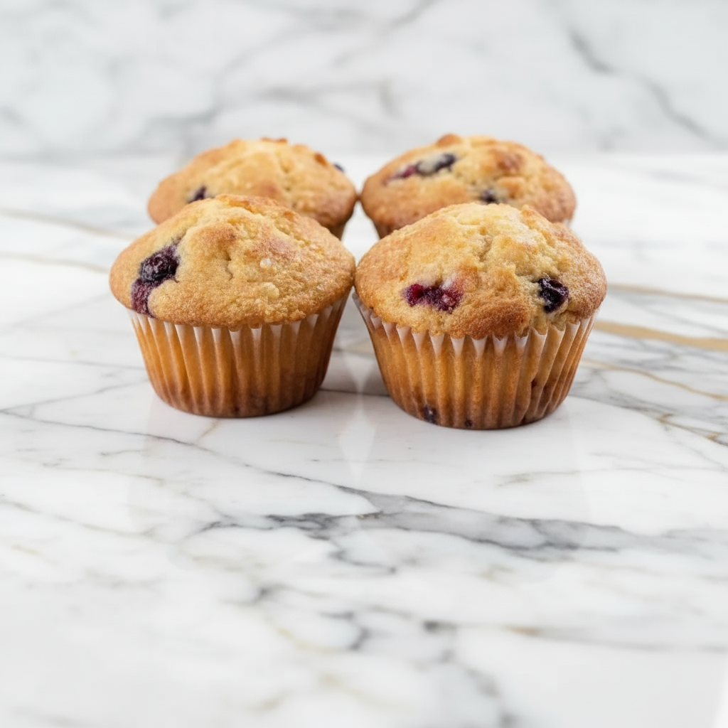 Golden Healthier Blueberry Greek Yogurt Muffins topped with fresh blueberries cooling on a wire rack