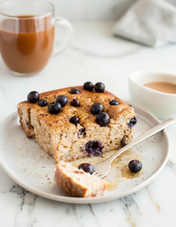 Blueberry cottage cheese breakfast bake with oats fresh from the oven in a ceramic dish with golden edges and bubbling fruit