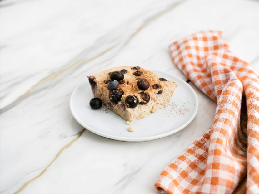 Blueberry cottage cheese breakfast bake with oats fresh from the oven in a ceramic dish with golden edges and bubbling fruit