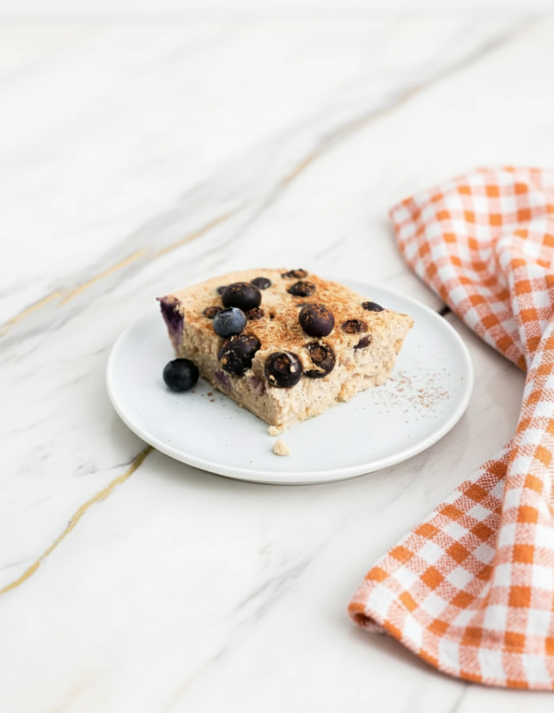 Blueberry cottage cheese breakfast bake with oats fresh from the oven in a ceramic dish with golden edges and bubbling fruit