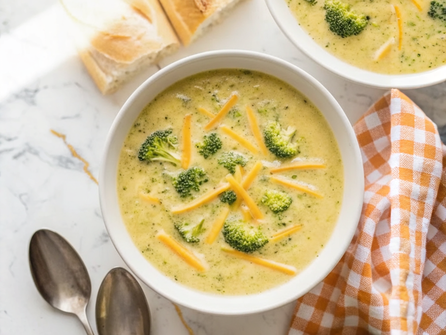 Creamy Broccoli Cheddar Soup served in white bowl with fresh broccoli florets and melted cheese on top