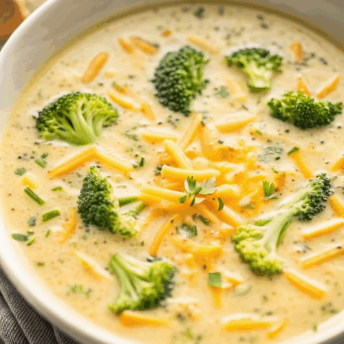 Creamy Broccoli Cheddar Soup served in white bowl with fresh broccoli florets and melted cheese on top