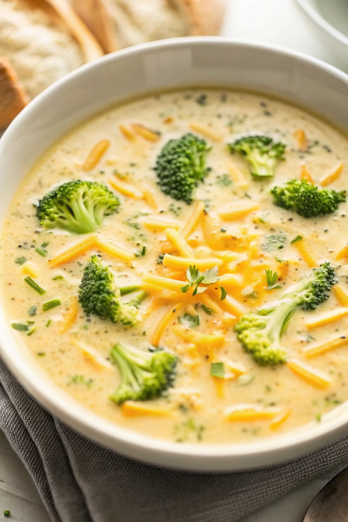 Creamy Broccoli Cheddar Soup served in white bowl with fresh broccoli florets and melted cheese on top