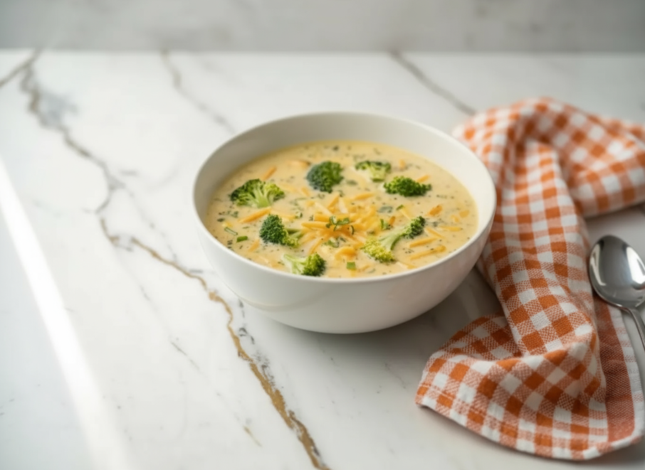 Creamy Broccoli Cheddar Soup served in white bowl with fresh broccoli florets and melted cheese on top