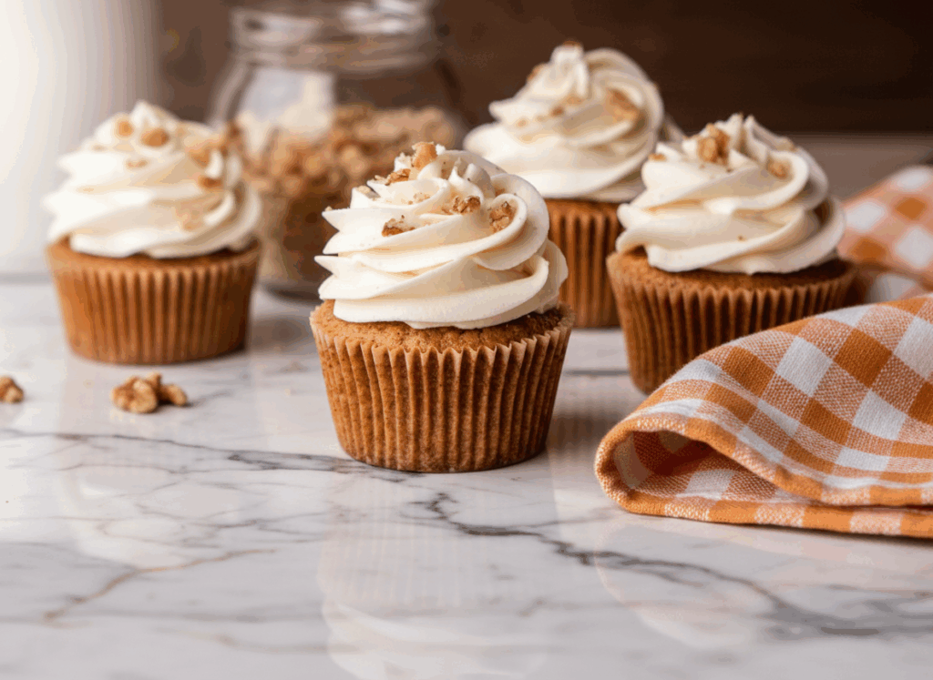 Carrot Cake Cupcakes topped with cream cheese frosting and walnut garnish on white plate