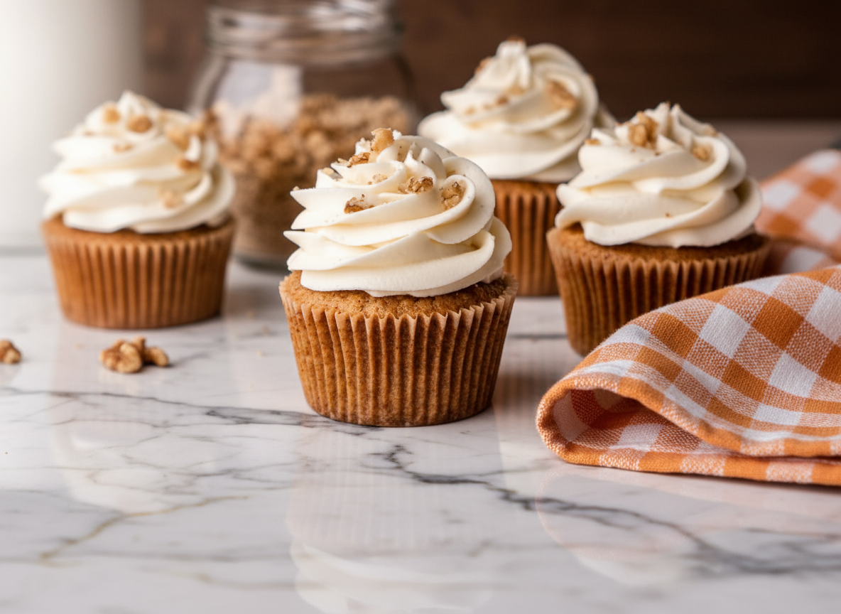 Carrot Cake Cupcakes topped with cream cheese frosting and walnut garnish on white plate