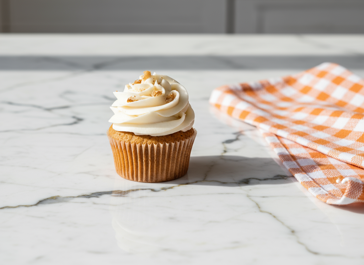 Carrot Cake Cupcakes topped with cream cheese frosting and walnut garnish on white plate