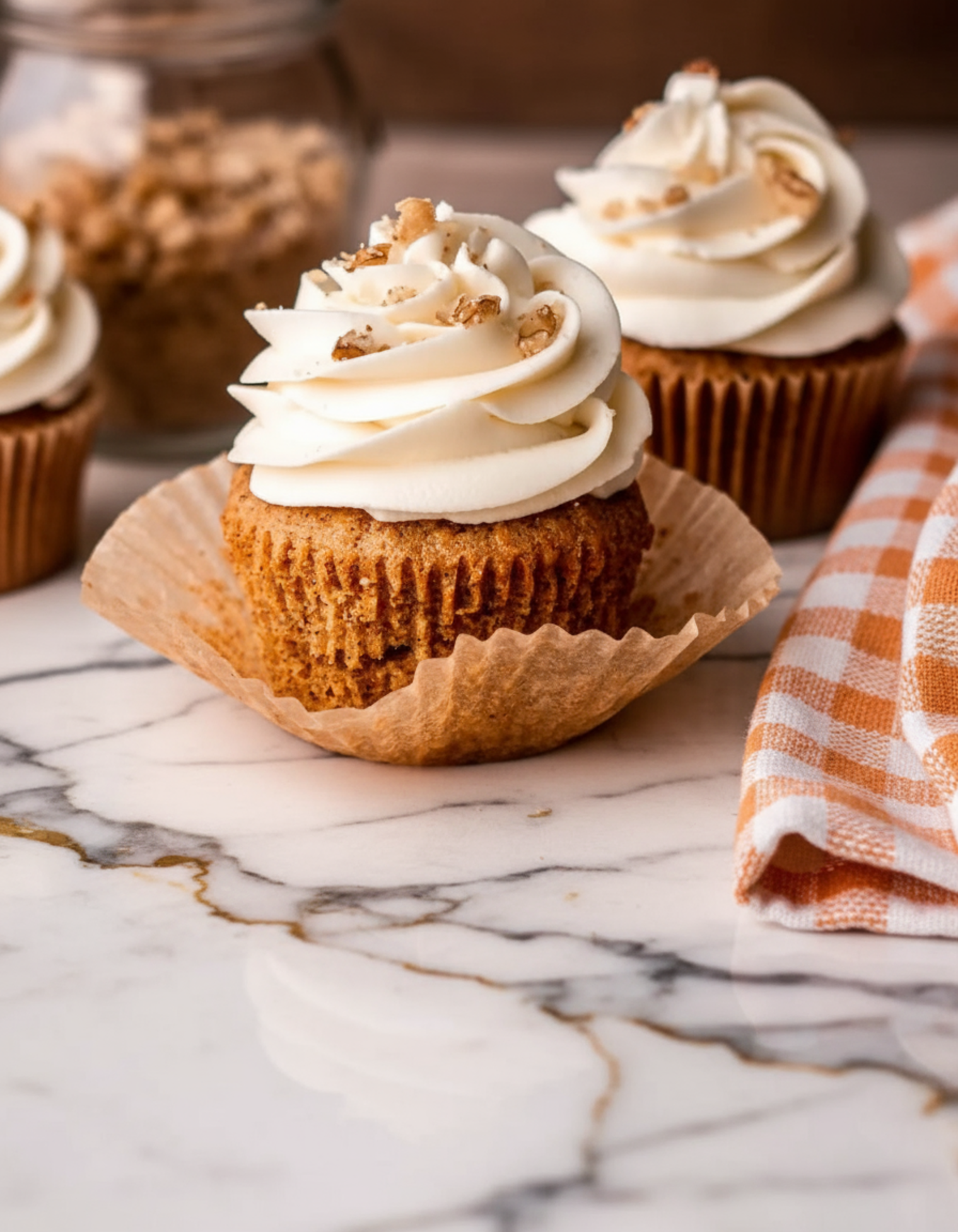 Carrot Cake Cupcakes topped with cream cheese frosting and walnut garnish on white plate