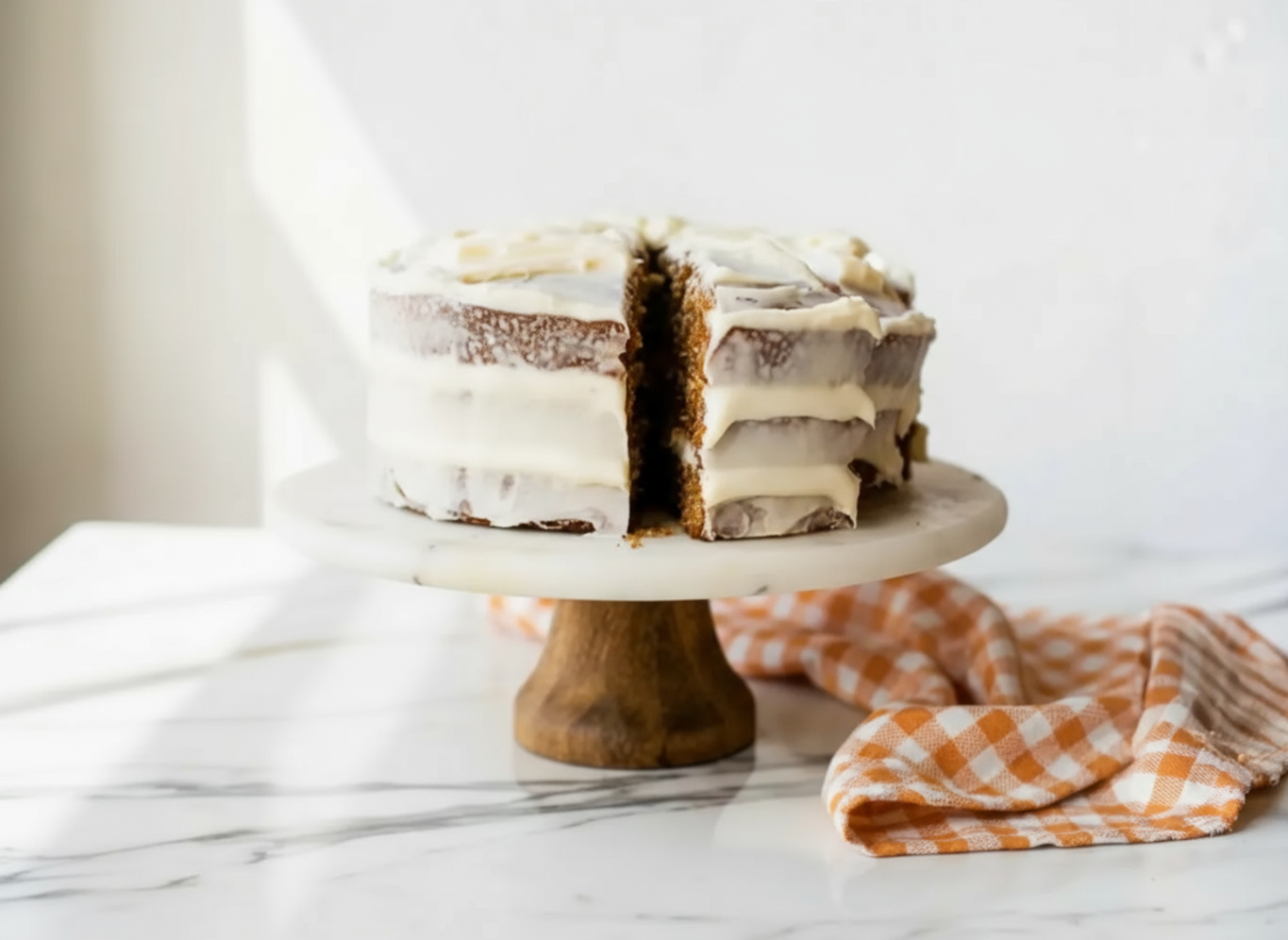 Carrot Cake with Candied Pecans topped with cream cheese frosting and caramelized pecan pieces on a white plate