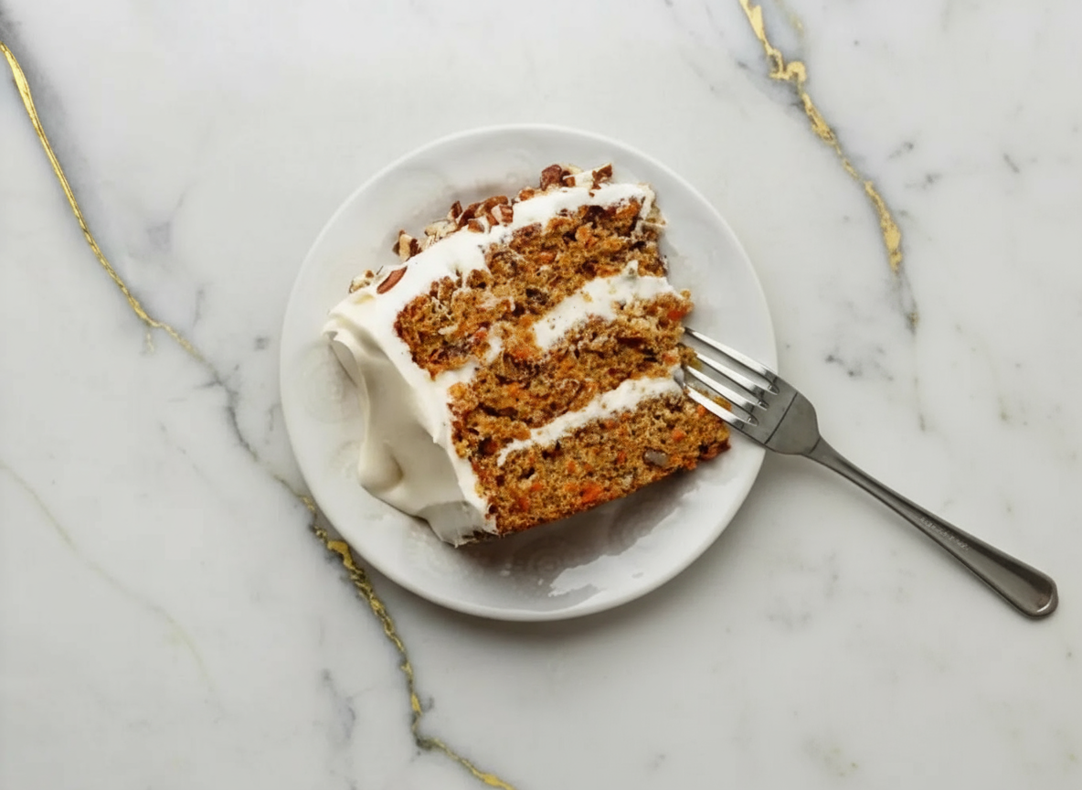 Carrot Cake with Candied Pecans topped with cream cheese frosting and caramelized pecan pieces on a white plate