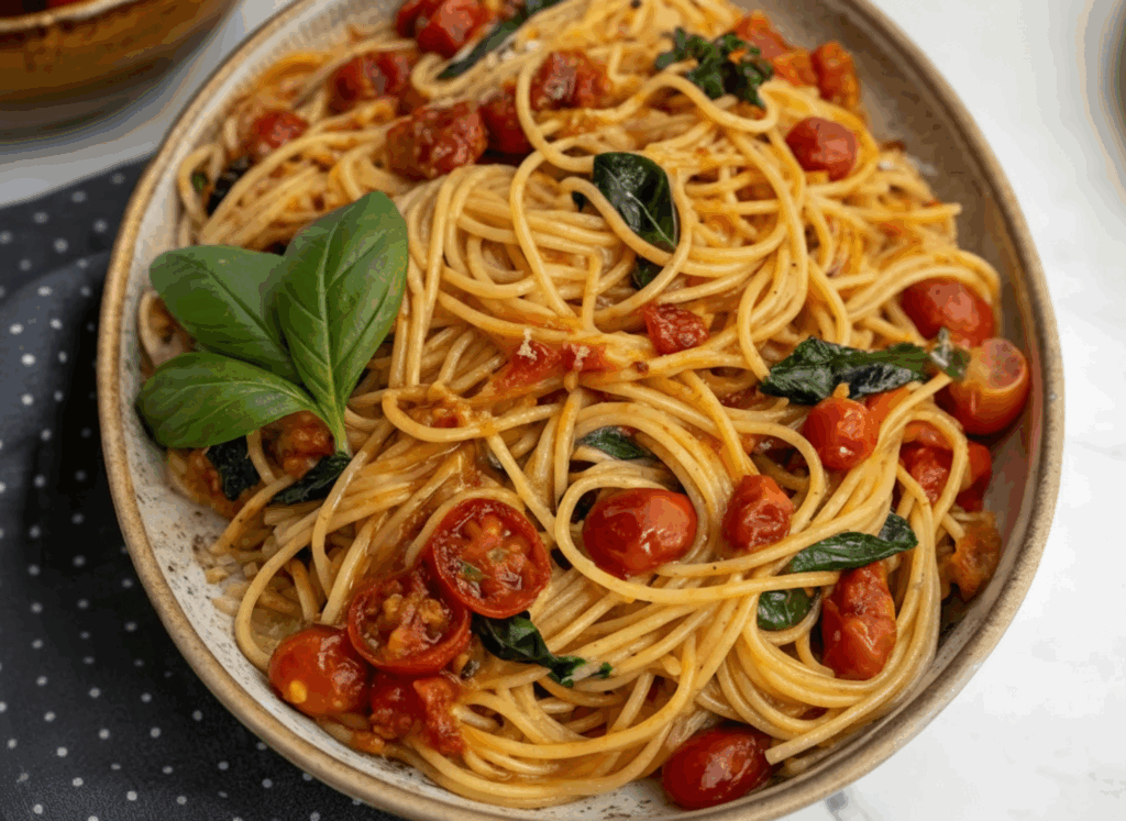 Cherry Tomato Pasta with fresh basil and parmesan cheese in a white bowl ready to serve