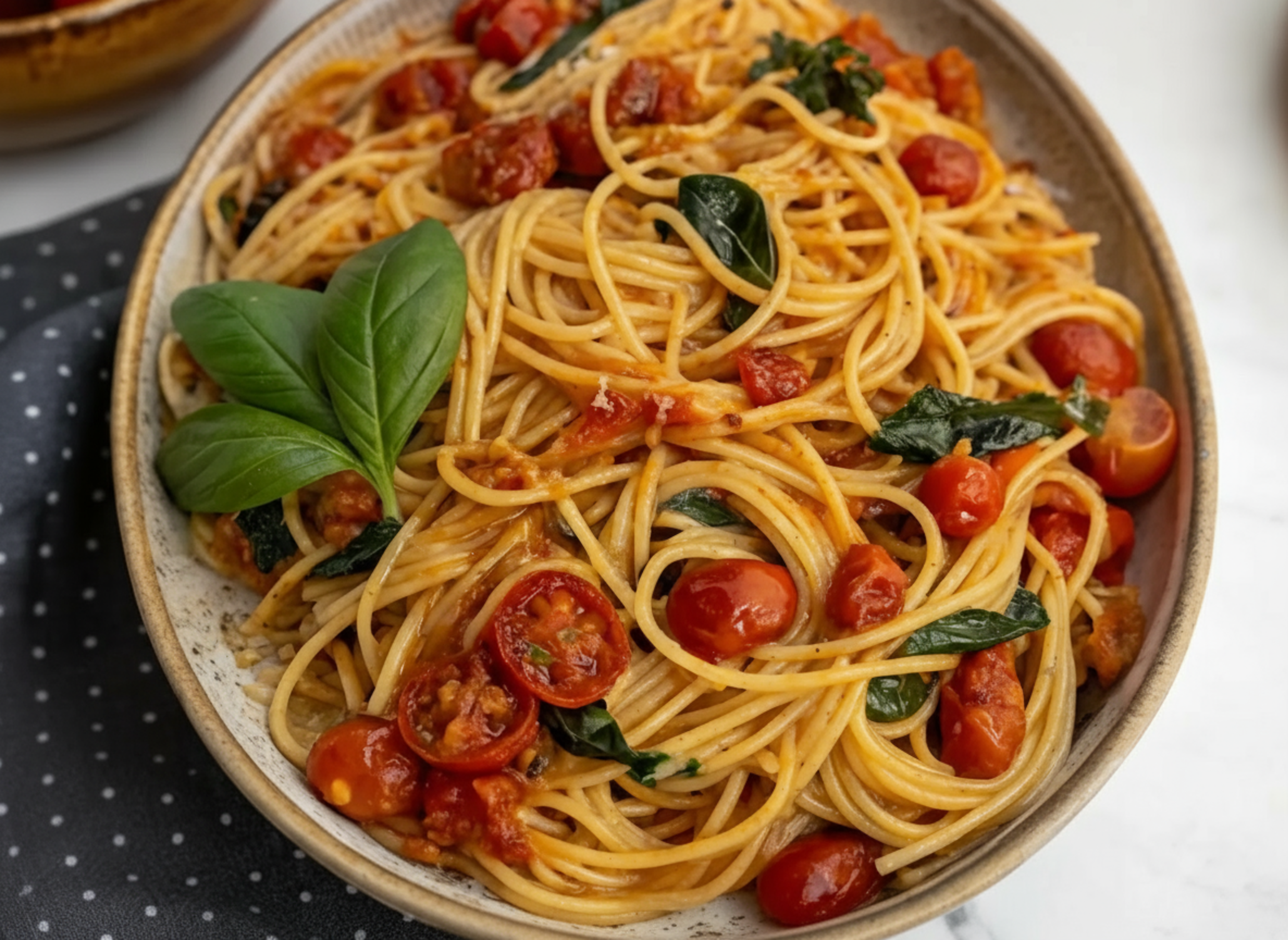 Cherry Tomato Pasta with fresh basil and parmesan cheese in a white bowl ready to serve