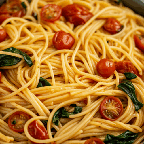 Cherry Tomato Pasta with fresh basil and parmesan cheese in a white bowl ready to serve