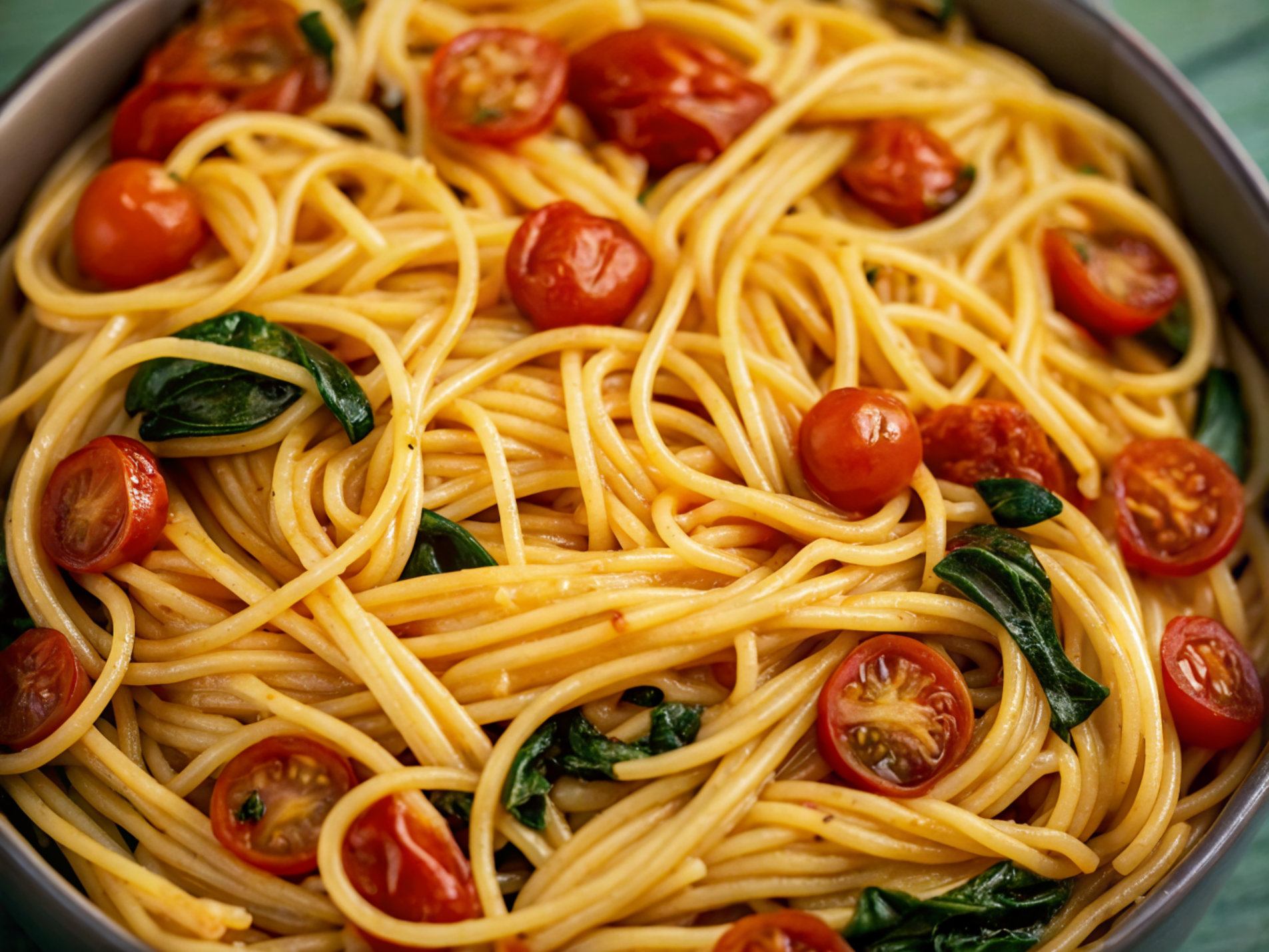 Cherry Tomato Pasta with fresh basil and parmesan cheese in a white bowl ready to serve
