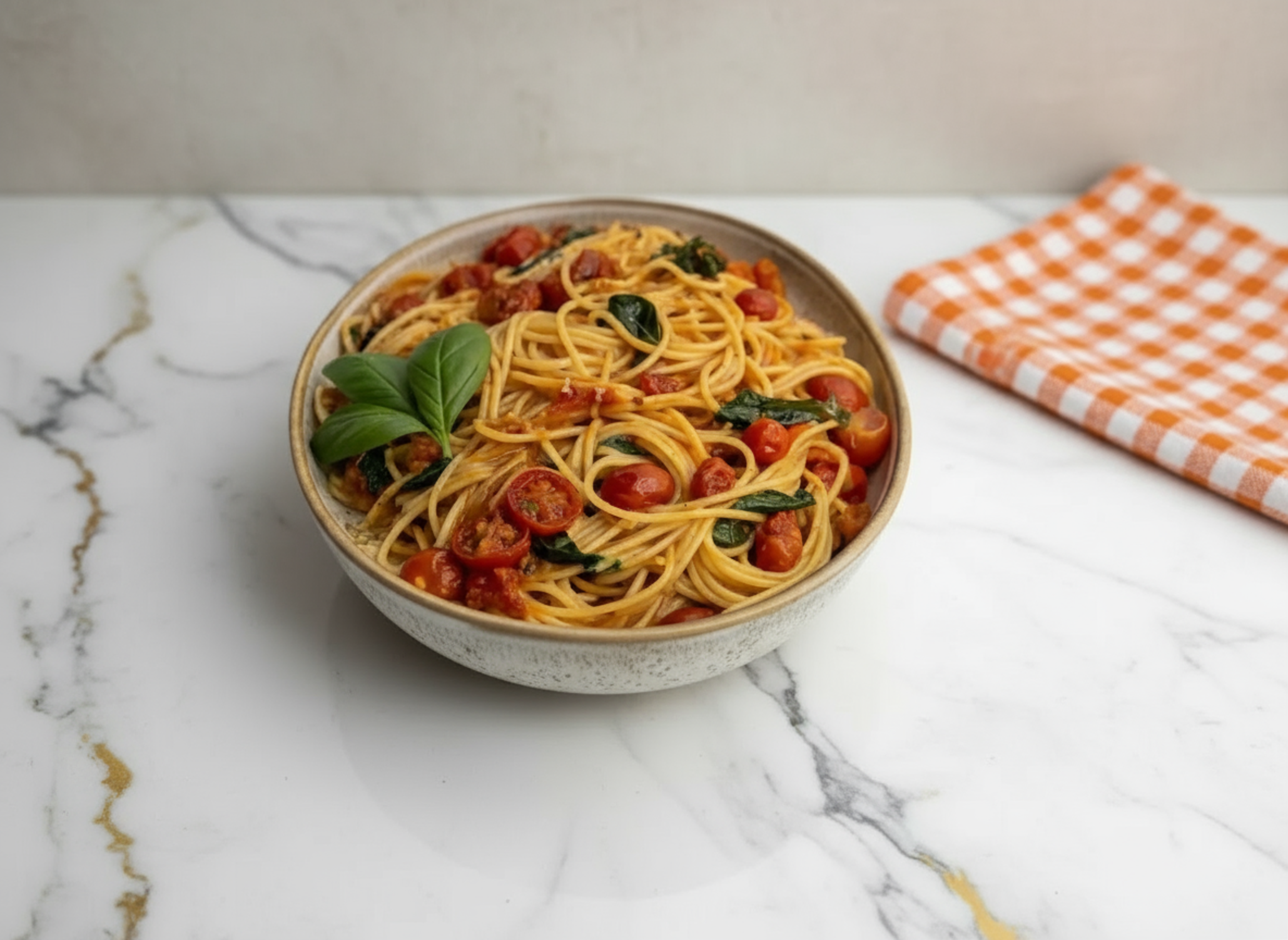 Cherry Tomato Pasta with fresh basil and parmesan cheese in a white bowl ready to serve