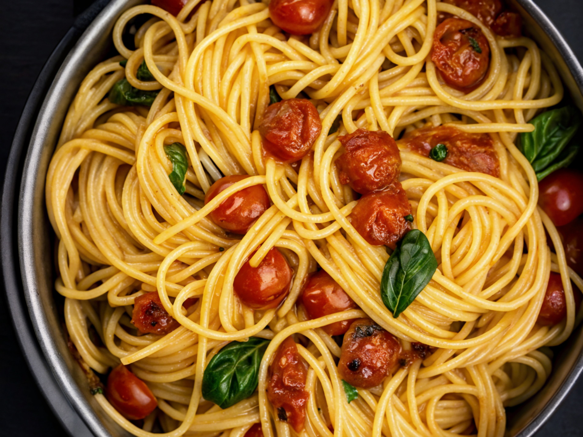 Cherry Tomato Pasta with fresh basil and parmesan cheese in a white bowl ready to serve