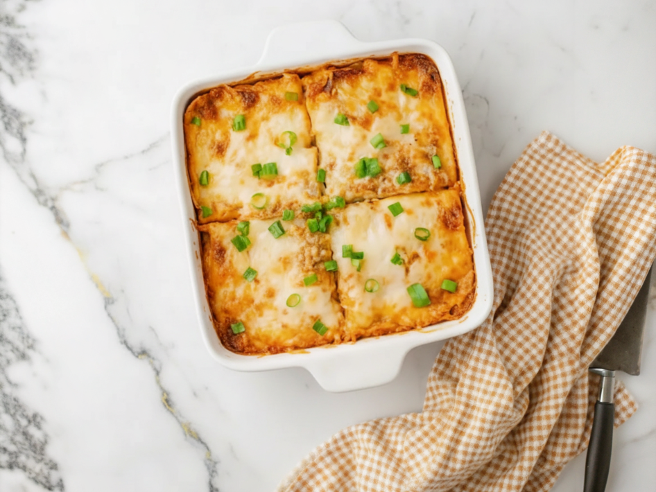 Chicken Enchilada Casserole with melted cheese, corn tortillas, and savory sauce in a baking dish
