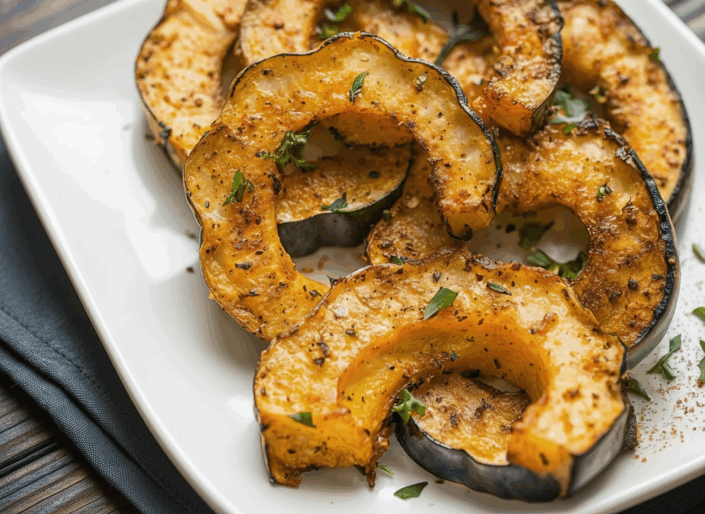 Golden Parmesan Acorn Squash Wedges roasted with crispy cheese on baking sheet fresh from oven