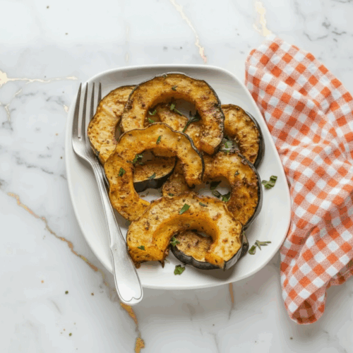 Golden Parmesan Acorn Squash Wedges roasted with crispy cheese on baking sheet fresh from oven