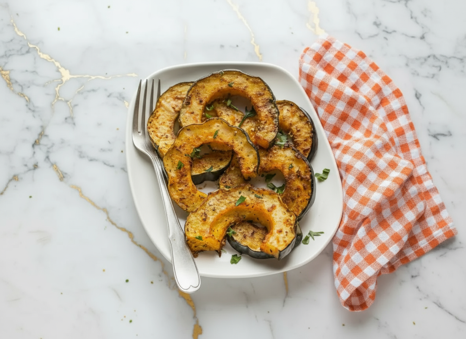 Golden Parmesan Acorn Squash Wedges roasted with crispy cheese on baking sheet fresh from oven