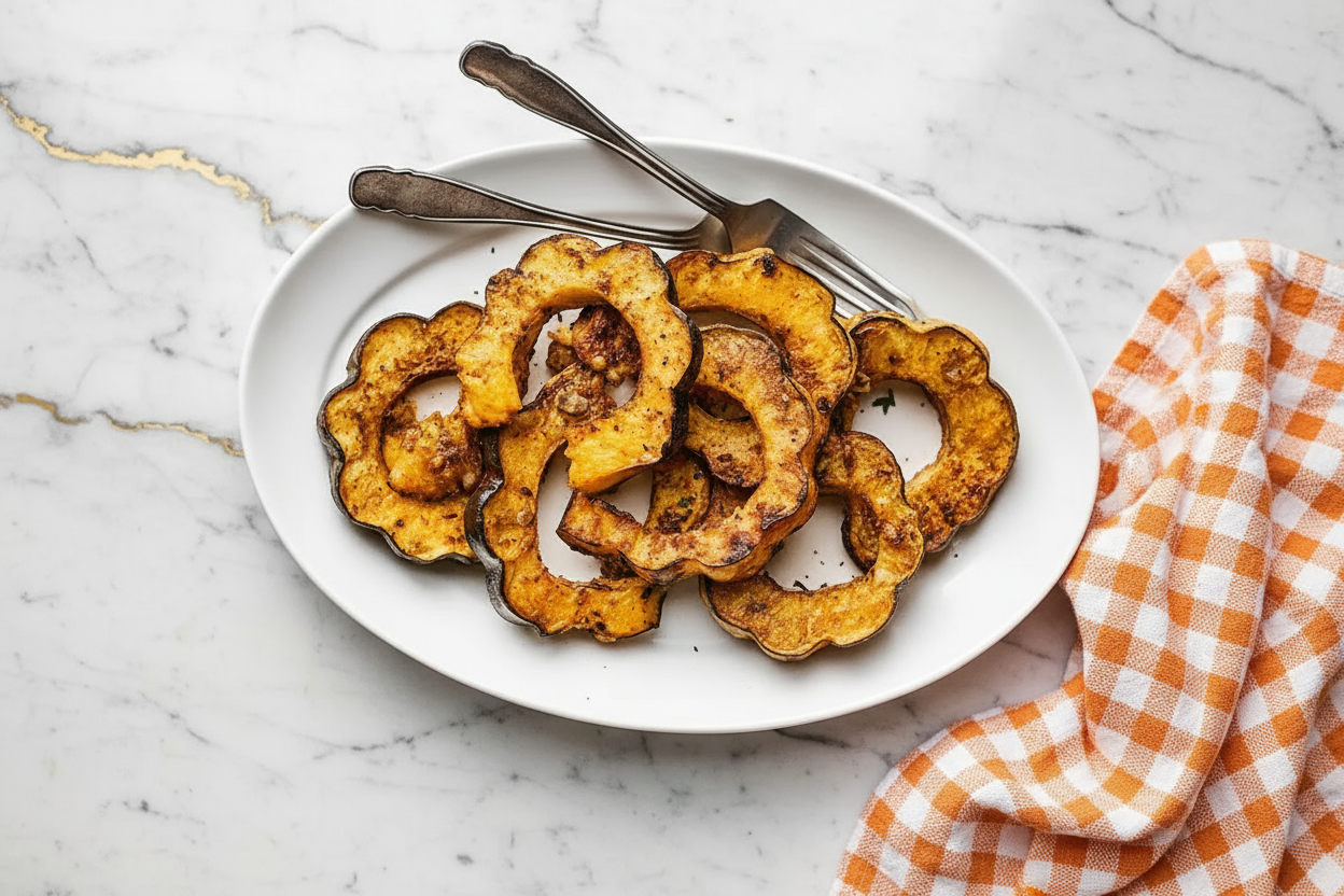 Golden Parmesan Acorn Squash Wedges roasted with crispy cheese on baking sheet fresh from oven