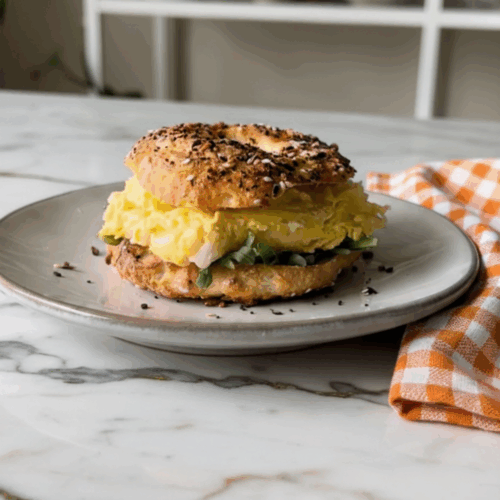 Freshly baked Greek Yogurt Bagels with golden brown crust arranged on a wooden board