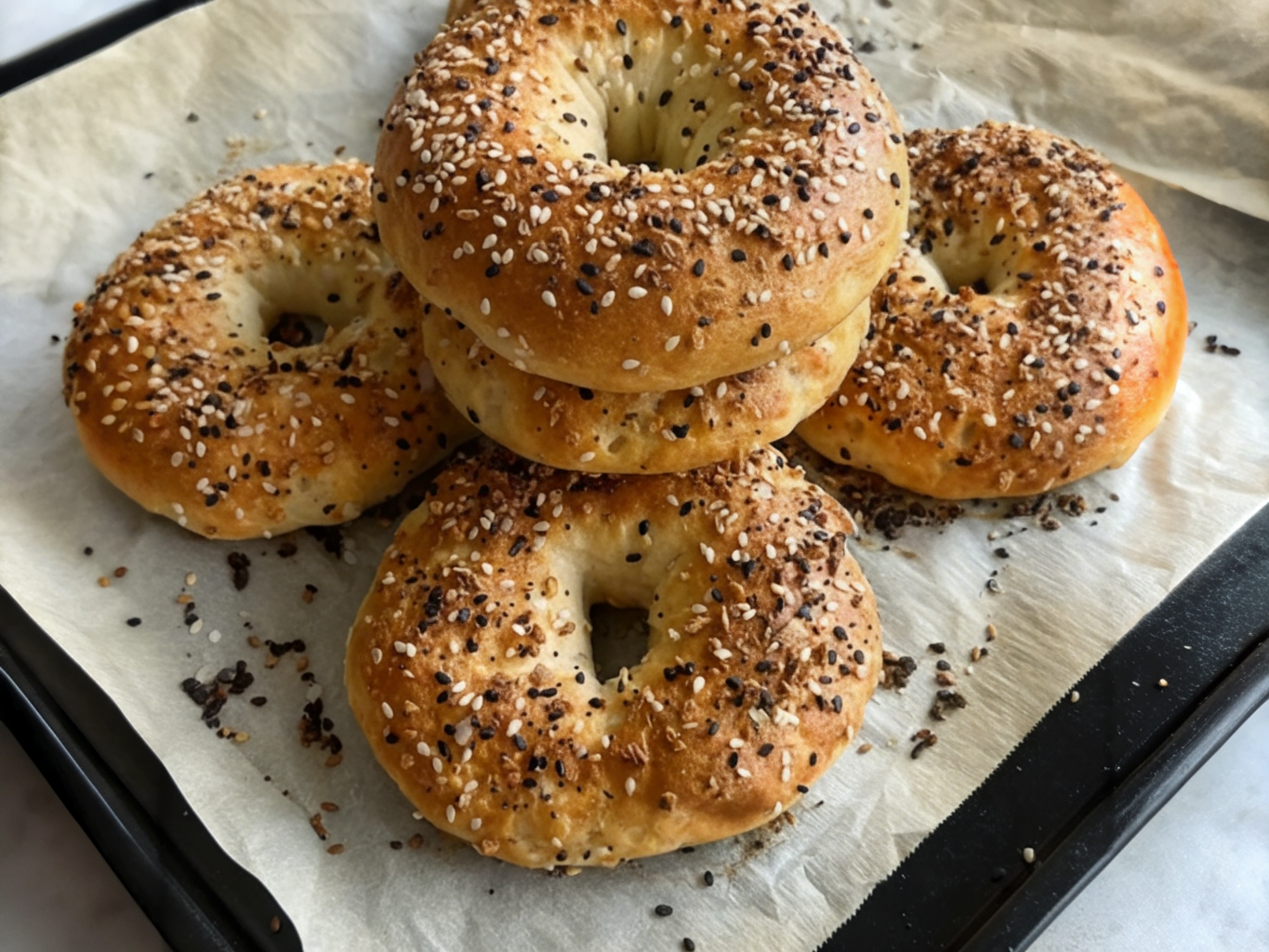 Freshly baked Greek Yogurt Bagels with golden brown crust arranged on a wooden board