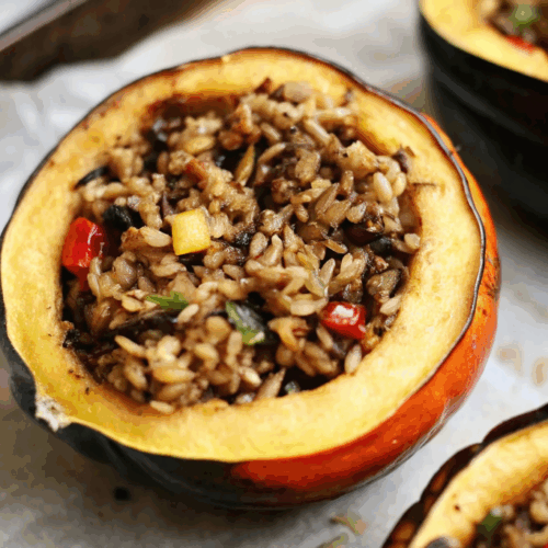 Hearty Stuffed Baked Acorn Squash filled with savory ingredients and golden roasted edges on a white serving plate