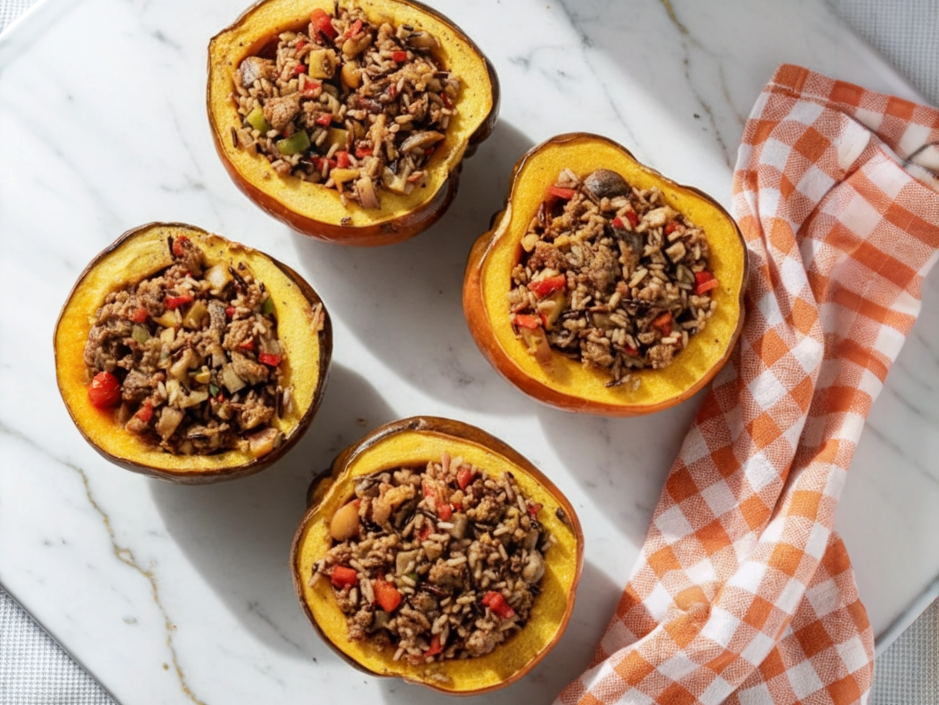 Hearty Stuffed Baked Acorn Squash filled with savory ingredients and golden roasted edges on a white serving plate