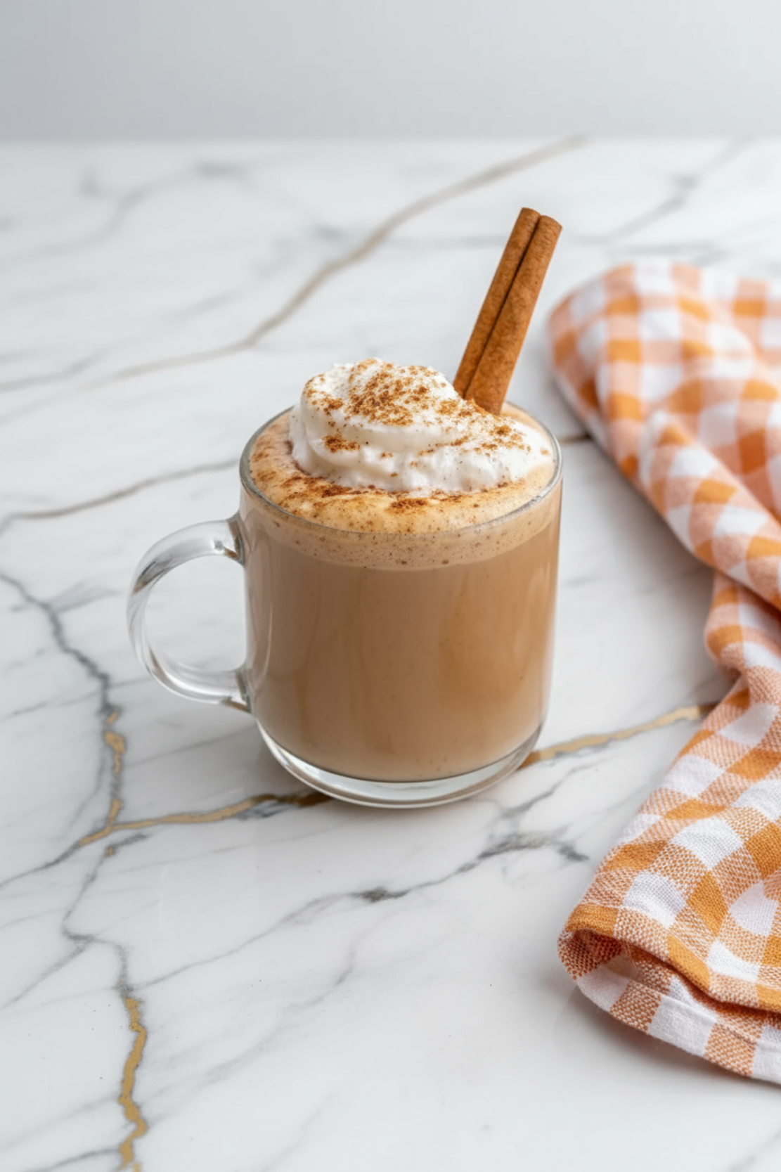 Homemade Pumpkin Spice Latte topped with whipped cream and cinnamon in a clear glass mug on a rustic wooden table