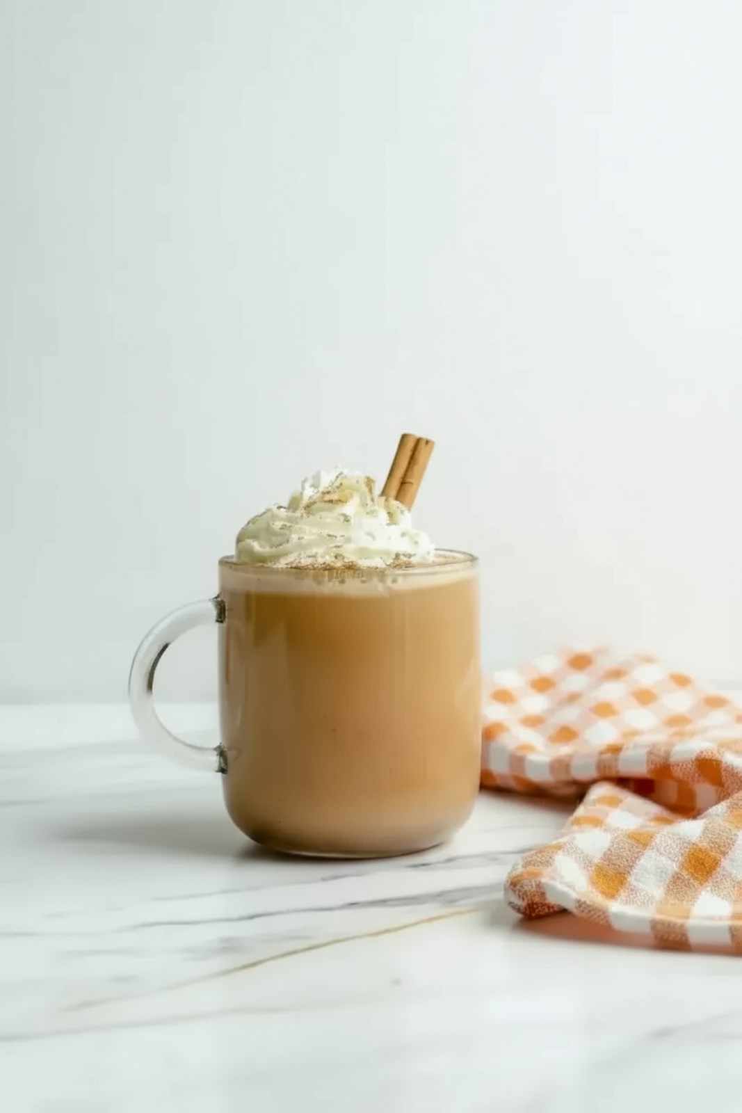 Homemade Pumpkin Spice Latte topped with whipped cream and cinnamon in a clear glass mug on a rustic wooden table