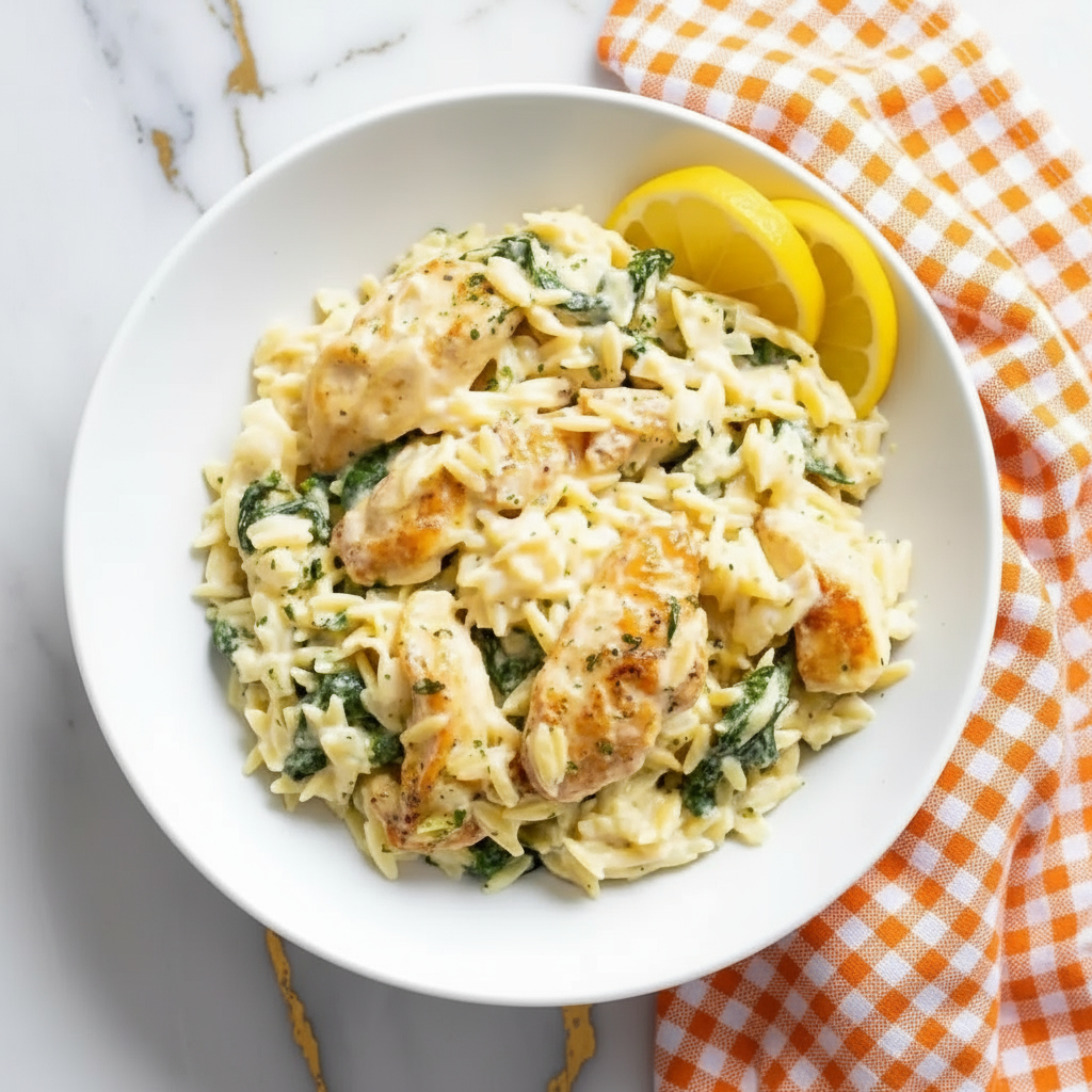 Lemon Chicken Orzo in a white bowl topped with fresh herbs and lemon slices