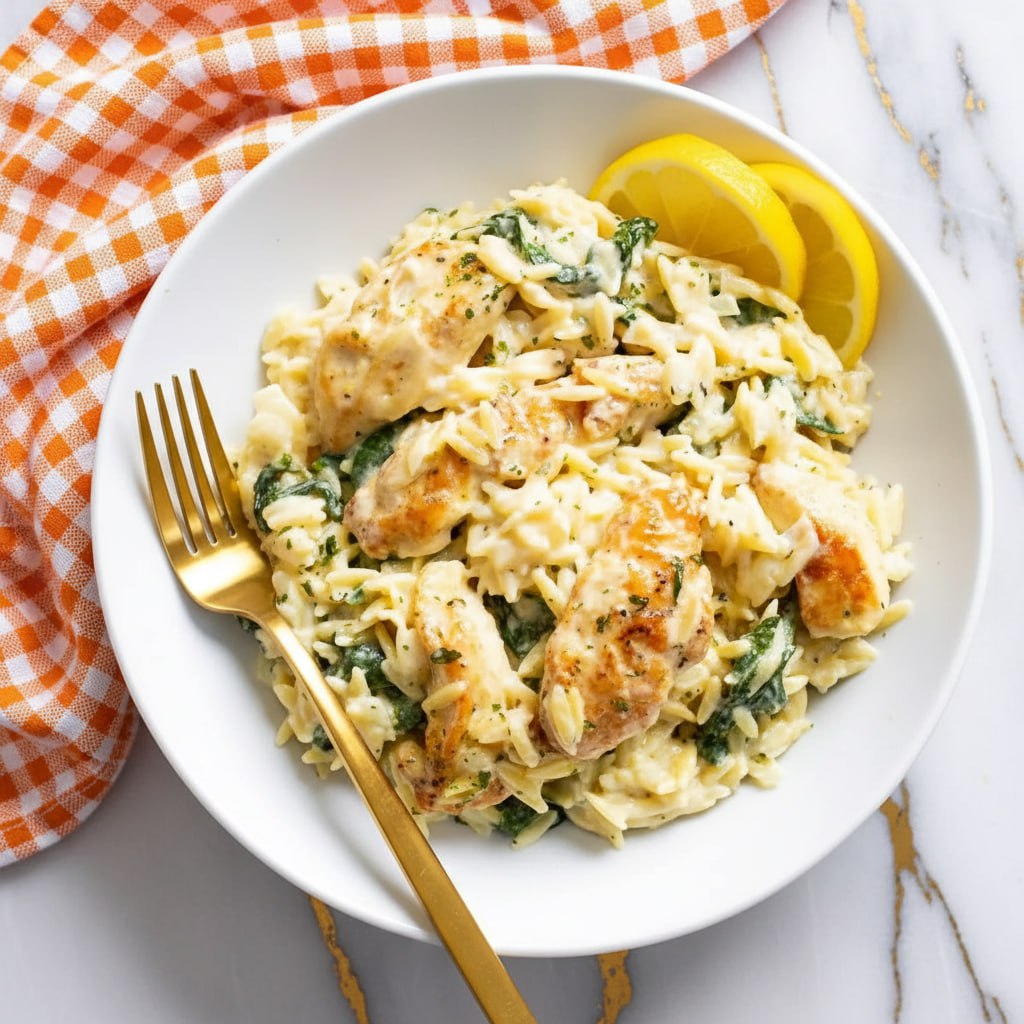 Lemon Chicken Orzo in a white bowl topped with fresh herbs and lemon slices
