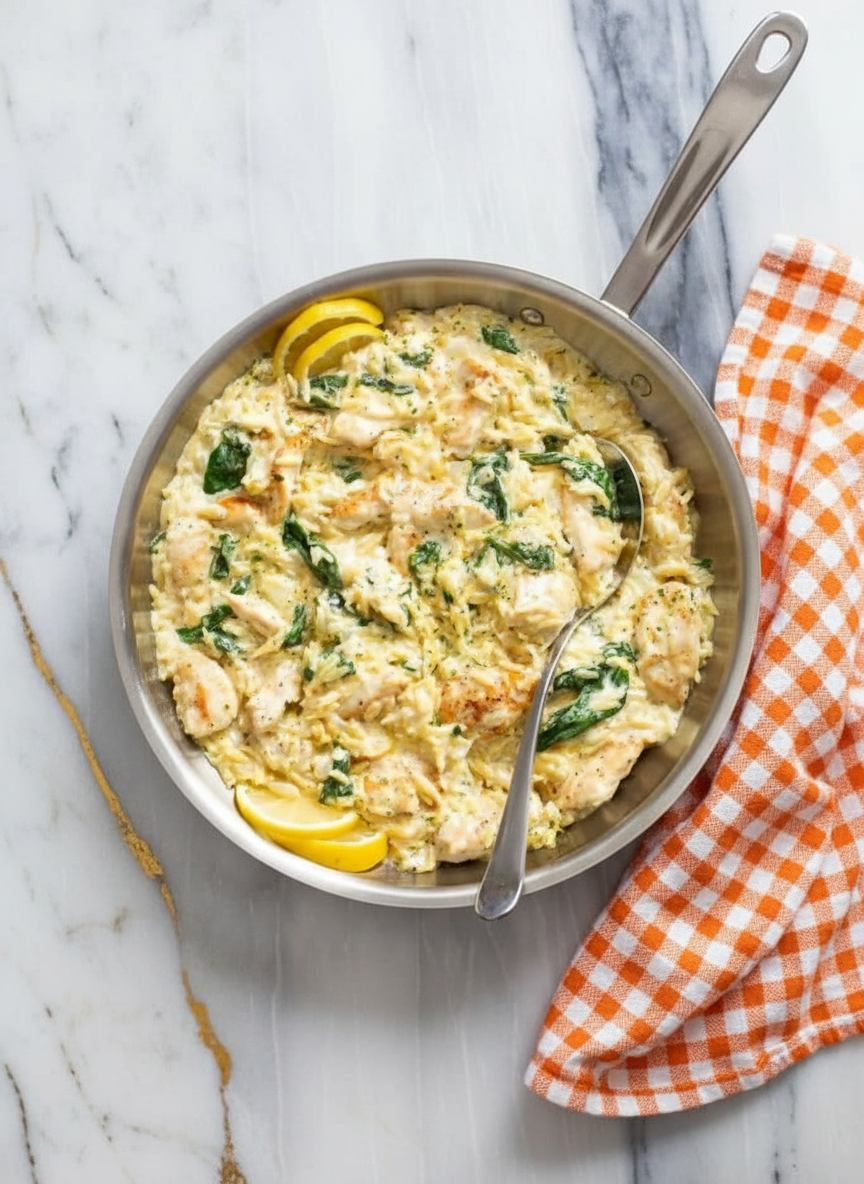 Lemon Chicken Orzo in a white bowl topped with fresh herbs and lemon slices