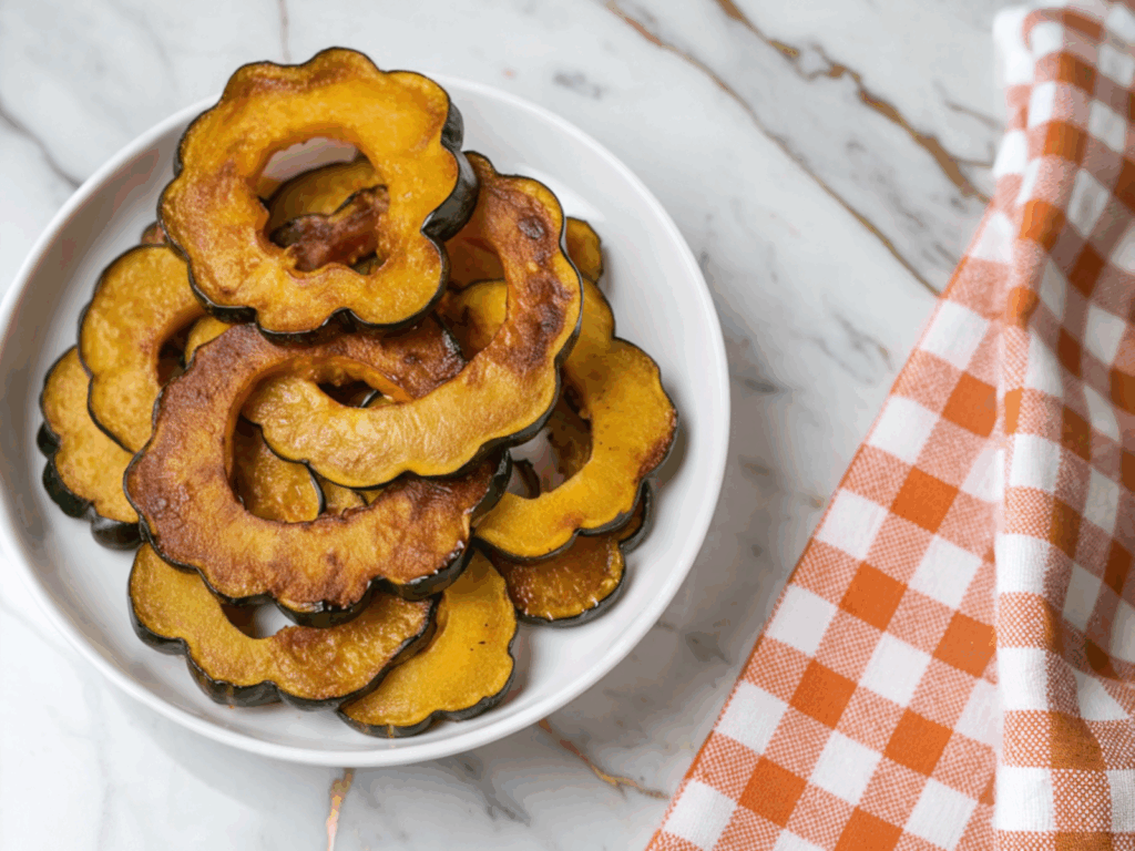 Maple Roasted Acorn Squash halves with caramelized glaze on white serving platter