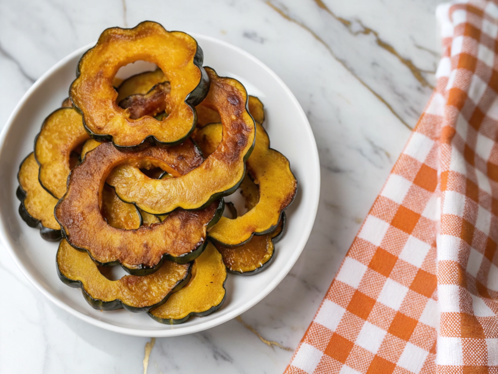 Maple Roasted Acorn Squash halves with caramelized glaze on white serving platter