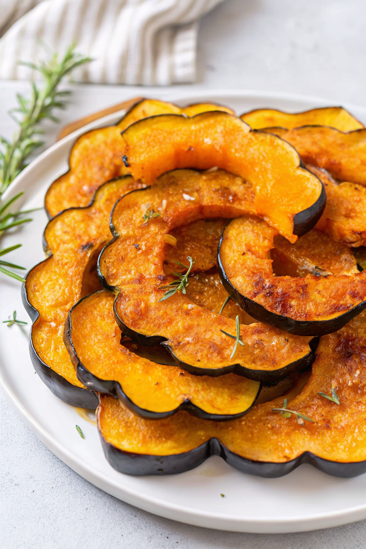 Maple Roasted Acorn Squash halves with caramelized glaze on white serving platter