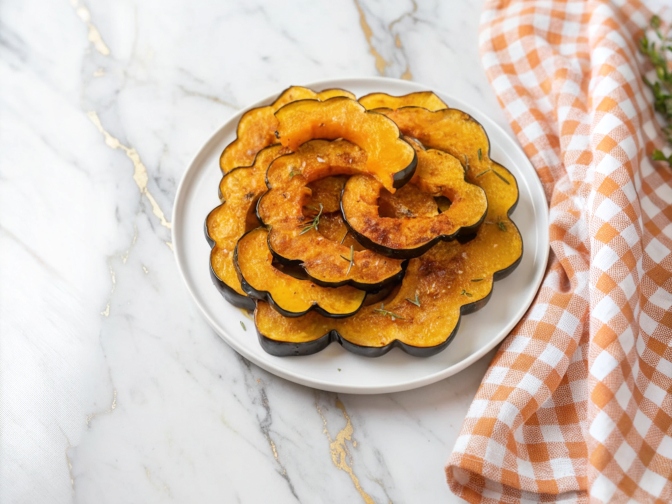 Maple Roasted Acorn Squash halves with caramelized glaze on white serving platter