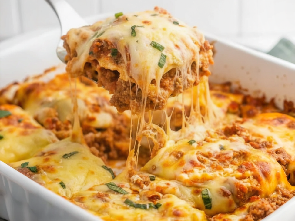 Ravioli Lasagna with melted cheese and marinara sauce in a baking dish, fresh basil garnish on top