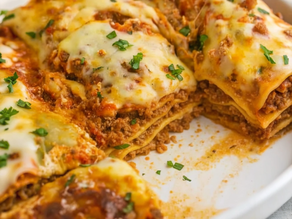 Ravioli Lasagna with melted cheese and marinara sauce in a baking dish, fresh basil garnish on top