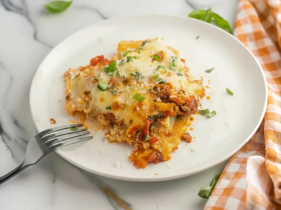 Ravioli Lasagna with melted cheese and marinara sauce in a baking dish, fresh basil garnish on top
