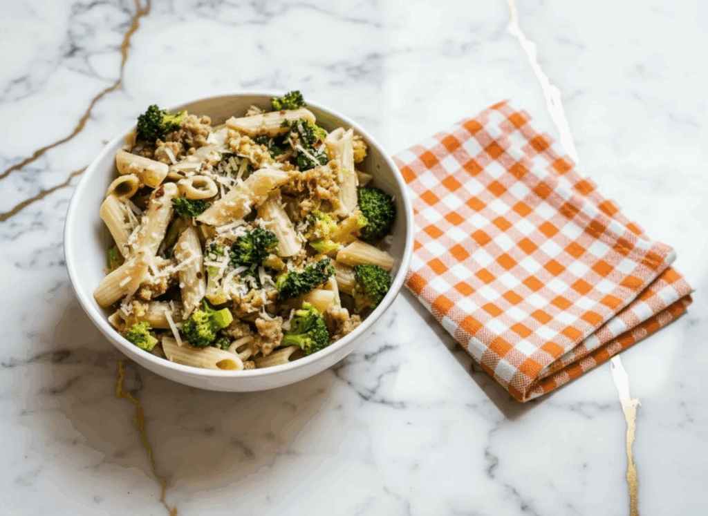 Sausage and Broccoli Pasta served in a white bowl with parmesan cheese and garlic sauce coating penne noodles
