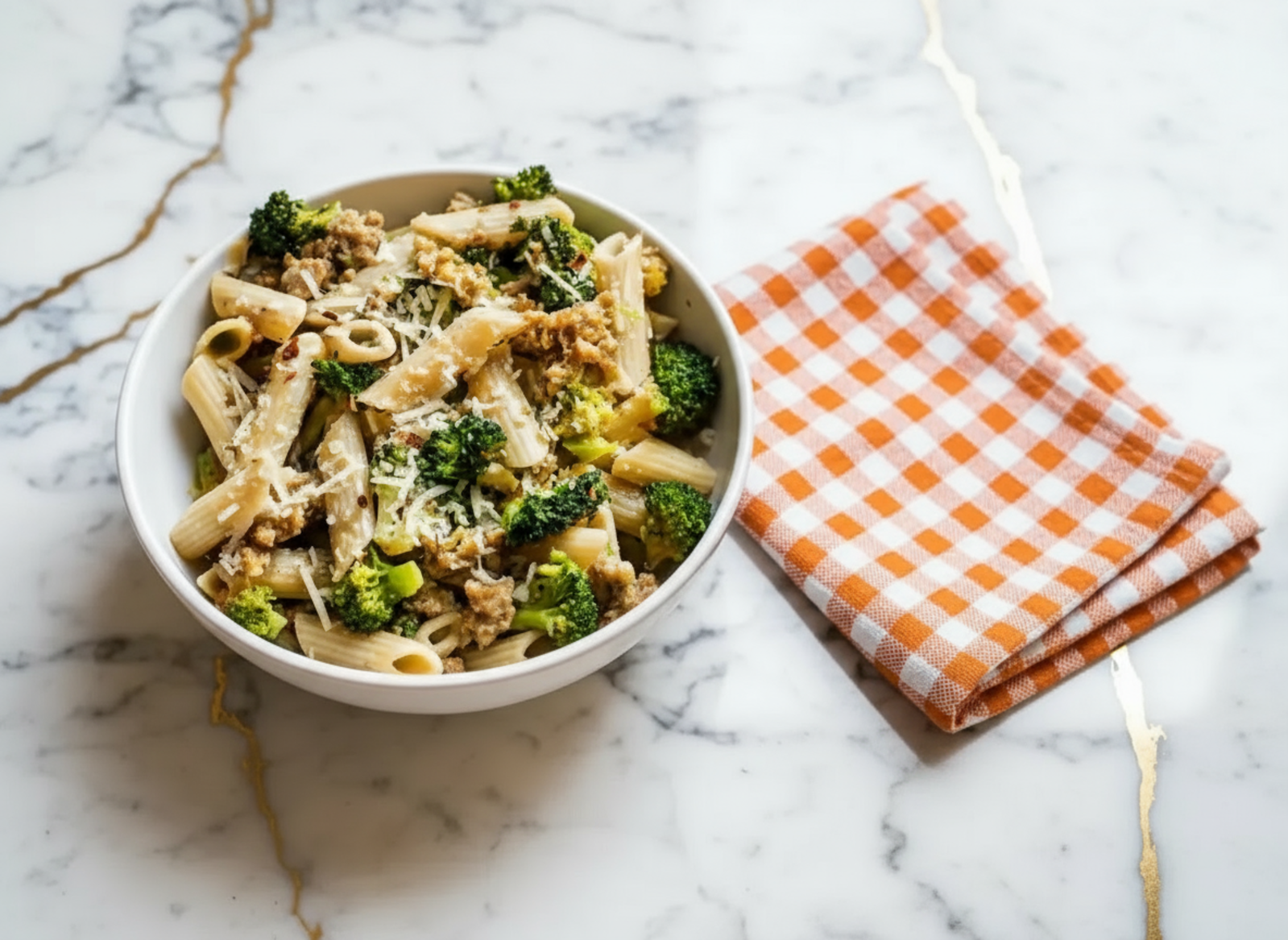 Sausage and Broccoli Pasta served in a white bowl with parmesan cheese and garlic sauce coating penne noodles