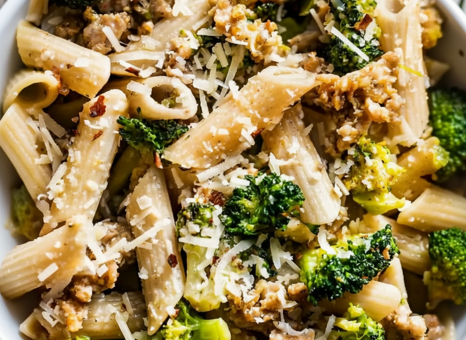 Sausage and Broccoli Pasta served in a white bowl with parmesan cheese and garlic sauce coating penne noodles